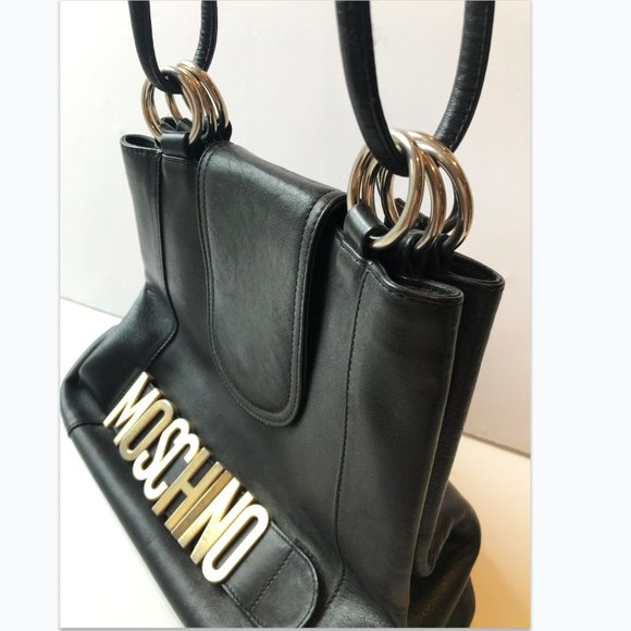 MOSCHINO VINTAGE BLACK LEATHER SHOULDER BAG - Picture 4 of 9
